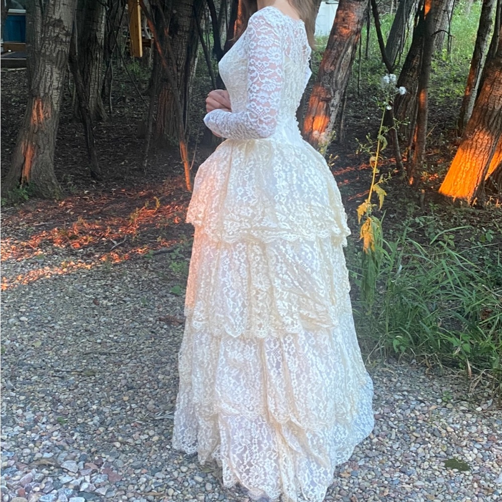 Vintage 40s/50s handmade tulle Fairy Ivory Lace Tiered Layered Wedding Dress XS - Picture 4 of 15